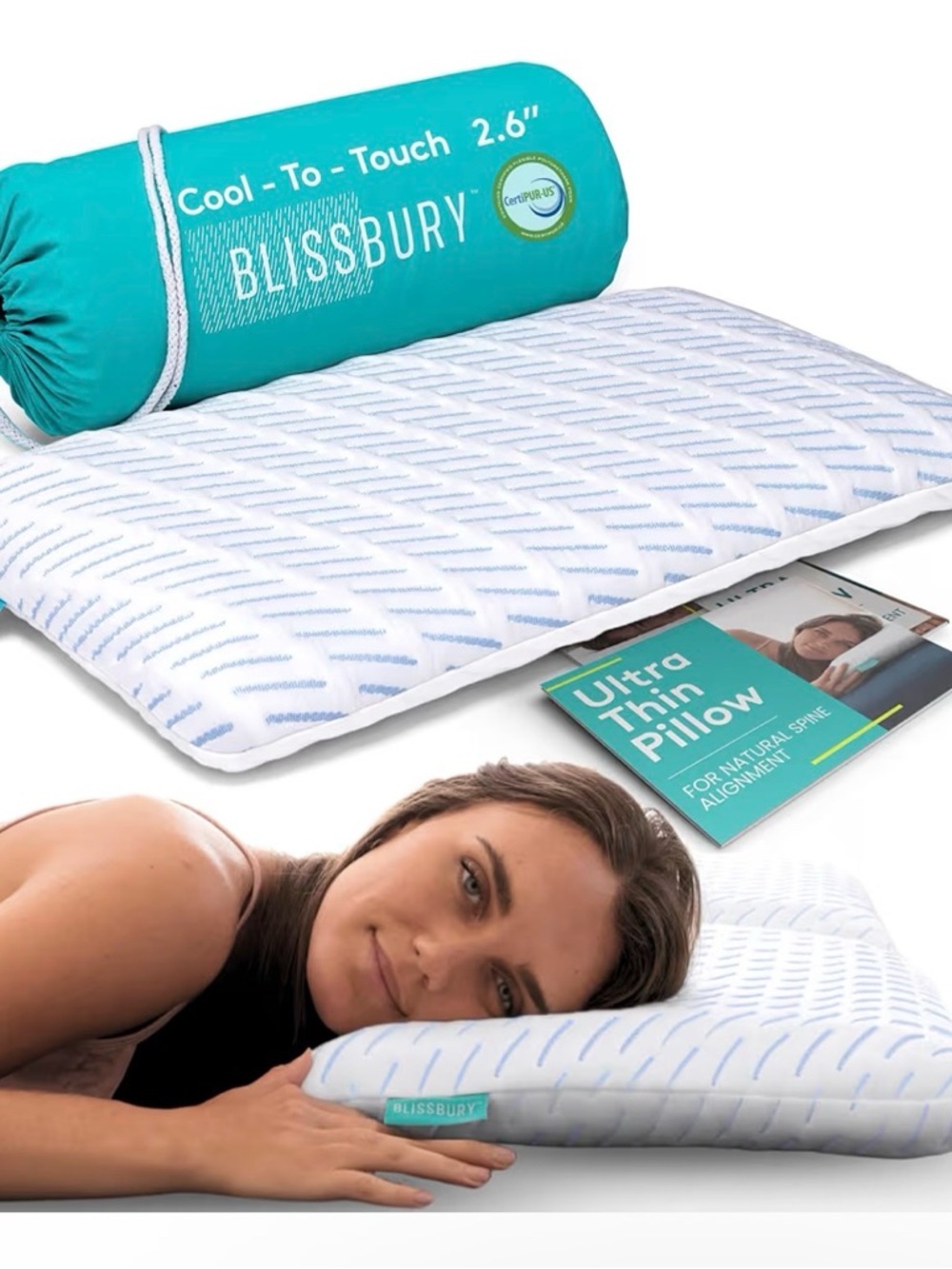 Bliss Ultra Thin Cooling Pillow - White and Teal
